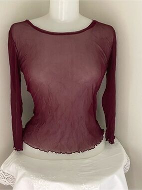 Y2K Burgendy Sheer Mesh Lettuce Edge Top Sz S Fairy Whimsigoth Coquette Grunge